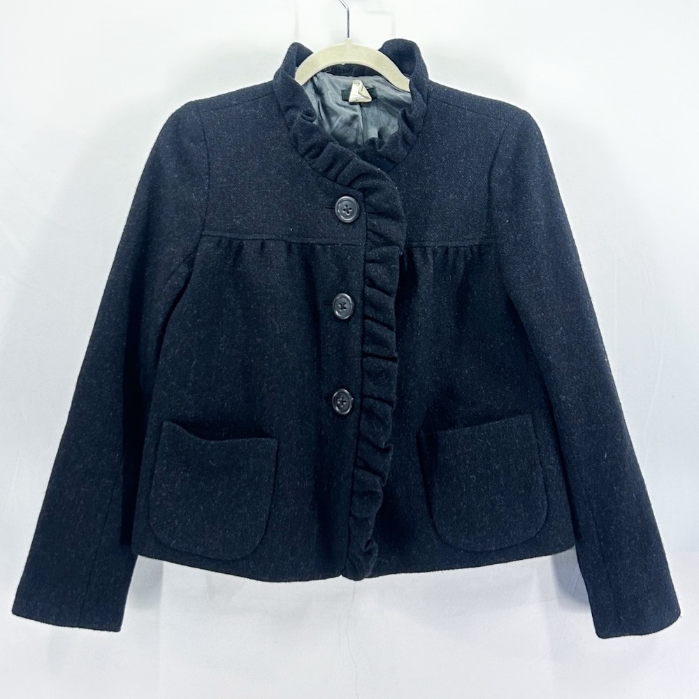 Y2K J. Crew Fiona 100% Wool Heathered Grey Cropped Ruffle Jacket Size 2